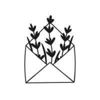 Open envelope with hand drawn lavender flowers. Vector illustration. Simple doodle style.