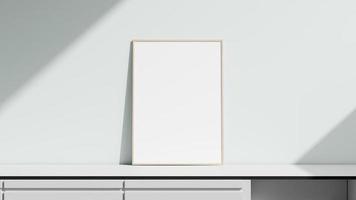 Home interior poster mockup with thin frame on white wall background. 3D rendering. photo