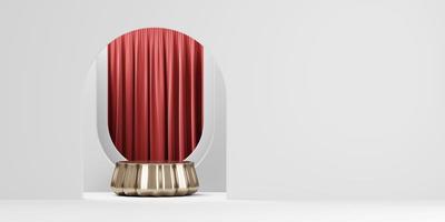 3D rendering gold platform podium with red curtain product presentation background photo