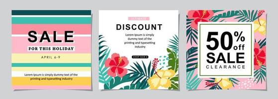 Set for square web banner for social media post design template. summer sale promotion. discount backgrounds with tropical pattern. mobile apps advertising. vector