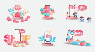 Online shopping icons for website, application, digital marketing, sale promotion, store on screen smartphone showing icon 3d display vector