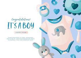 Baby shower invitation with boho soft toy, soother, heart, rattle, clothes, feeding bib on blue. Lettering It's a boy. Hello baby celebration, holiday, event. Banner, flyer. Cartoon illustration vector