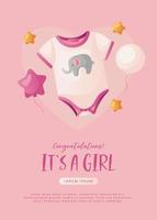 Baby shower invitation with clothes, stars, helium balloons and heart on pink. Lettering It's a girl. Hello baby celebration, holiday, event. Banner, flyer. Cartoon vector