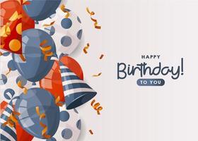 Birthday white horizontal promo banner with red, blue shiny balloons, caps, confetti. Birthday party, celebration, holiday, event, festive concept. Banner, flyer, advertising. discount. Cartoon vector