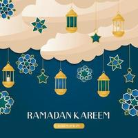 Ramadan Kareem card with moon crescent, traditional lanterns. Invitations with islamic geometric patterns, arabesque. Glorious month of muslim year, holy holiday. Banner, flyer, advertising. vector