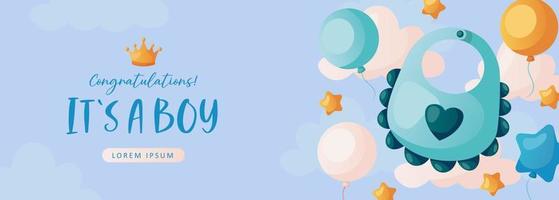Baby shower invitation with clothes feeding bib, stars, helium balloons, clouds on blue. Lettering It's a boy with crown. Hello baby celebration, holiday, event. Banner, card, flyer. Cartoon vector