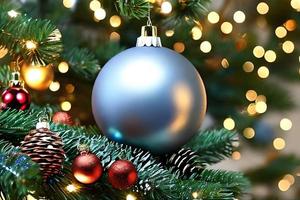 Hanging gray ball Christmas ornament decoration at the Christmas tree. Background for seasonal greetings.
