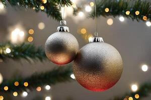 Hanging silver ball Christmas ornament decoration at the Christmas tree. Background for seasonal greetings. photo