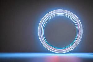 Standing bright center blue circle neon light background and backdrop. photo