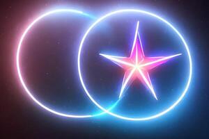 Bright center blue circle with star neon light background and backdrop. photo