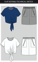 Front knot crop top with zipper pocket skirt set vector illustration file