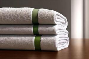 Clean three white color folded towel nice and tidy stack each other at the indoor table for fitness, bath, swimming, massage and spa marketing background and design material. photo