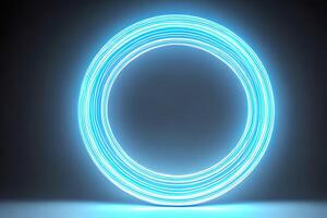 Standing bright center blue circle neon light background and backdrop. photo