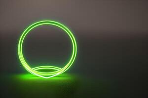 Standing bright green circle neon light background and backdrop and some negative space. photo