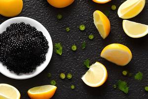 lujo caviar comida en el blanco plato y algunos limón para márketing y anuncio publicitario. foto