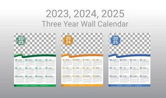 2023, 2024, 2025, Tres año calandrar uno página vector