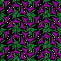 seamless pattern of purple large exotic flowers with a black outline on a black background, texture, design photo