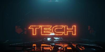 3D rendering of a neon sign with the word Tech in the center. Abstract scene with neon light. photo