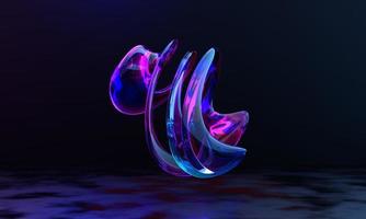 3d render, abstract pink blue curvy glass ribbon and reflection on the ground . pink blue neon light effect. photo