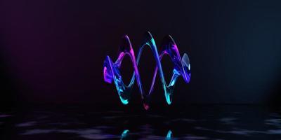 3d render, abstract pink blue curvy glass ribbon and reflection on the ground . pink blue neon light effect. photo