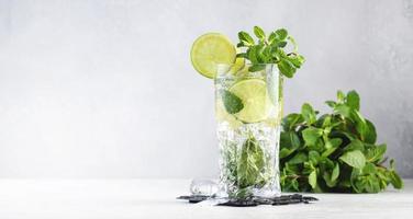 Mojito classic summer alcoholic cocktail with lime, white rum, soda, cane sugar, mint, and ice in highball glass on gray background. Copy space banner photo