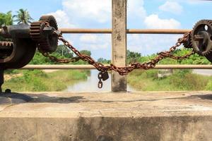 manivela puerta de agua para clausura y apertura agua en irrigación canales para agricultura. agricultores' cultivo requiere agua para cultivo. foto