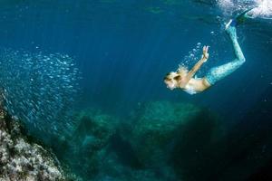 Mermaid Blonde beautiful siren diver underwater portrait photo