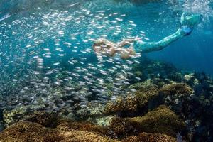 Blonde beautiful Mermaid diver underwater photo