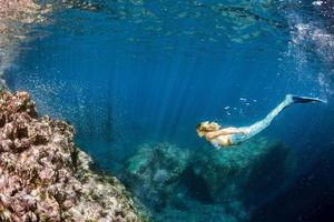 Mermaid Blonde beautiful siren diver underwater portrait photo