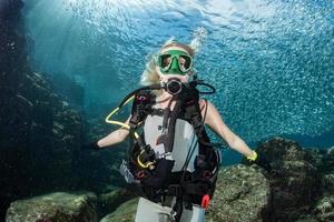 beauty blonde diver girl looking at you photo