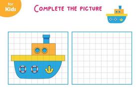 Educational Games For Children. Drawing. Draw A Children's Boat In The Cells, A Sample. Series With Toys. Education And Entertainment For Young Children. Preschool Workbook, Workbook vector