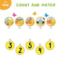 Educational Games For Children. Mathematics. Count How Many Eggs Are In The Basket, Match With The Correct Number. Easter Series. Education And Entertainment For Young Children. Preschool Workbook vector