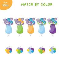 Mini-game For Children On The Theme Of Spring. Connect Flower Vases With Flower Bouquets And Floral Schemes. Develops Mindfulness, Logic In Children. Preparation For School. Preschool Workbook vector