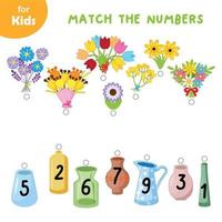 Educational Games For Children. Mathematics. Count How Many Flowers Are In The Bouquet, Match The Correct Number With The Vase. Easter Series. Education And Entertainment For Young Children, Workbook vector