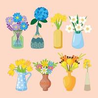 Set Depicting Beautiful Vases And Images Of Various Flowers. Spring And Summer Flowers For Your Design. Vase With Flowers, Isolated Object On White Background vector