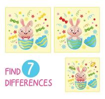 Encuentra las 7 diferencias del conejito de Pascua, un juego divertido y adictivo para niños. los jugadores deben encontrar las diferencias entre dos imágenes del lindo conejito de pascua. lógica, rompecabezas. libro de trabajo para niños en edad preescolar, libro de actividades vector