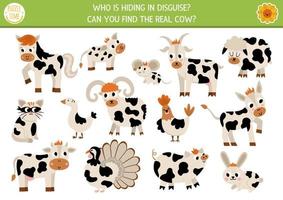 On the farm hide and seek game. Farm matching activity for kids. Rural village seek and find worksheet. Simple printable game with cute animals. Who is hiding in disguise. Find the real cow vector