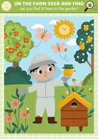 Vector farm searching game with rural village landscape and farmer. Spot hidden bees in the picture. Simple on the farm seek and find printable activity with beekeeper, beehive, honey