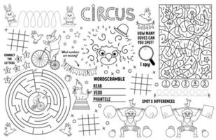 Vector circus placemat for kids. Amusement show printable activity mat with maze, tic tac toe charts, connect the dots, find difference. Black and white play mat or coloring page with clown