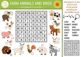 Vector farm animals and birds wordsearch puzzle for kids. Simple on the farm word search quiz for children. Country educational activity with cow, hen, pig, goat, horse. Rural crossword