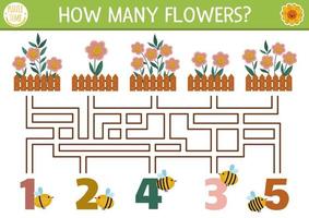 granja o jardín laberinto para niños con Camas de flores, abejas, cerca. campo preescolar imprimible contando actividad. primavera o verano laberinto juego o matemáticas rompecabezas con linda flores vector