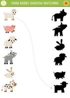 Farm shadow matching activity with baby animals. Country village puzzle with cute calf, piglet, lamb, kid goat. Find correct silhouette printable worksheet or game. On the farm page for kids vector