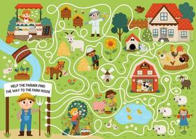 Farm maze for kids with rural village landscape, animals, barn, cottage. Country side preschool printable activity. Spring or summer labyrinth game, puzzle. Help the farmer find the way to farmhouse vector