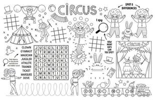 Vector circus placemat for kids. Amusement show printable activity mat with maze, tic tac toe charts, connect the dots, find difference. Black and white play mat or coloring page with clown