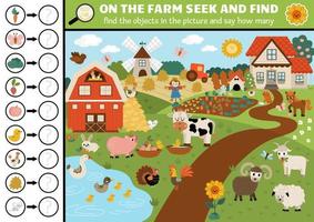 Vector farm searching game with rural countryside landscape. Spot hidden objects in the picture and say how many. Simple fantasy seek and find and counting educational printable activity for kids