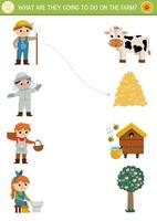 Farm matching activity with cute farmers and their chores. Country puzzle with cow, hay, beekeeper, market vendor, dairymaid. Match the objects game. On the farm match up printable page vector