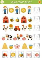 What comes next. Farm matching activity for preschool children with traditional country symbols and characters. Funny rural village puzzle. On the farm logical worksheet. Continue the row game vector