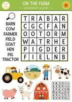 Vector on the farm word search puzzle for kids. Simple farm word search quiz for children. Country educational activity with cow, farmer, tractor, barn. Rural village cross word