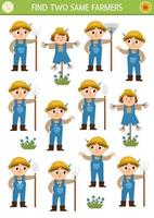 Find two same farmers. On the farm matching activity for children. Rural village educational quiz worksheet for kids for attention skills. Simple printable game with cute boy vector