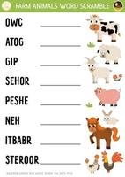 Vector farm animals word scramble activity page. English language game with cow, pig, goat for kids. Rural countryside family quiz with hen and rooster. Educational printable worksheet.